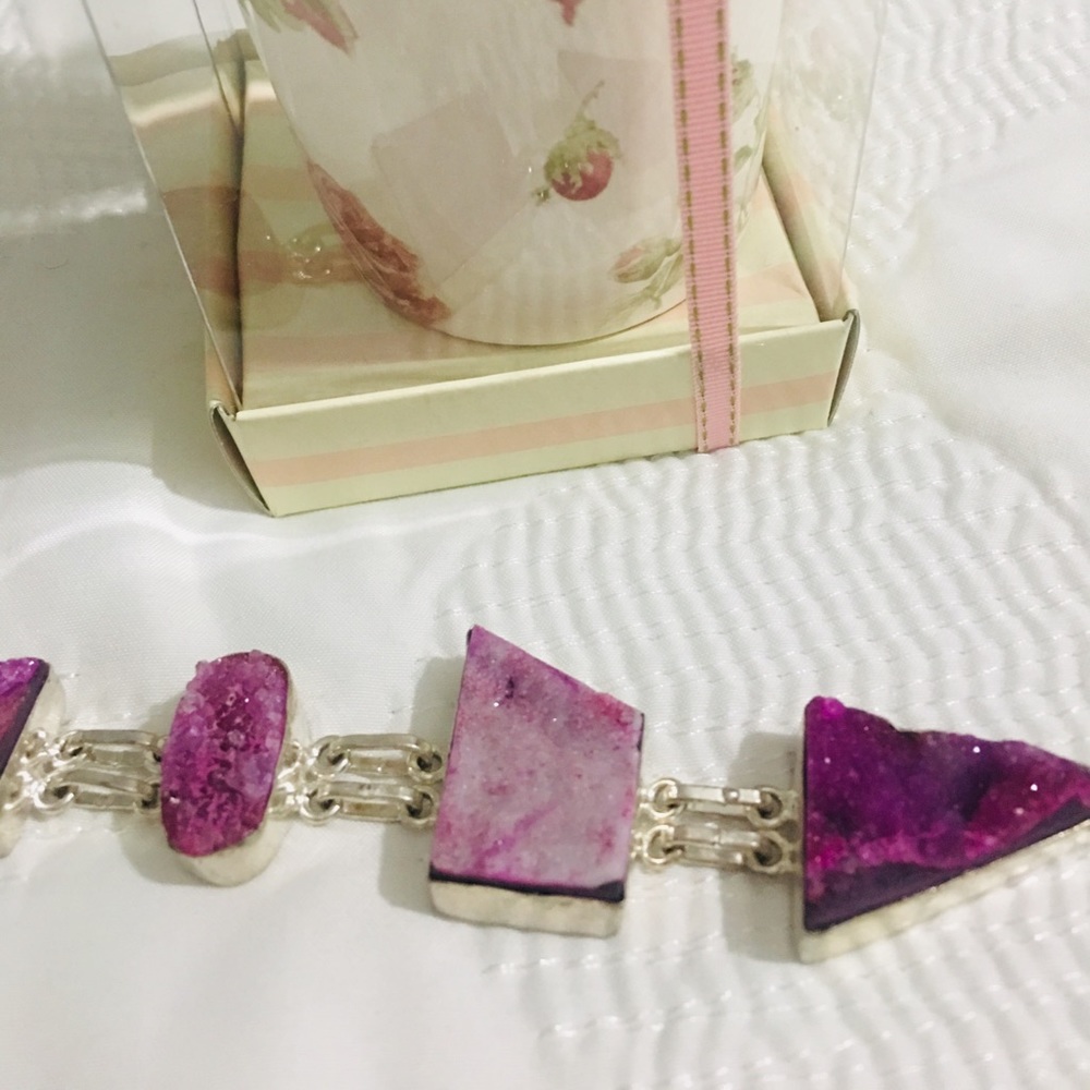 New Pink Druzy Agate Sterling Silver Bracelet